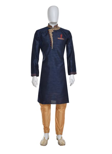 Kurta Pajama Polyester Cotton Party Wear Slim Fit Stand Collar Full Sleeves Embroidery Long La Scoot Churidar Pajama None